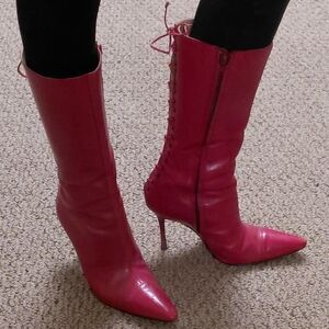 MANOLO BLAHNIK Red Leather Calf High Heeled Boots w/Lace Up Back Size 35.5